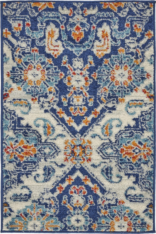 2' X 3' Blue And Ivory Floral Power Loom Area Rug