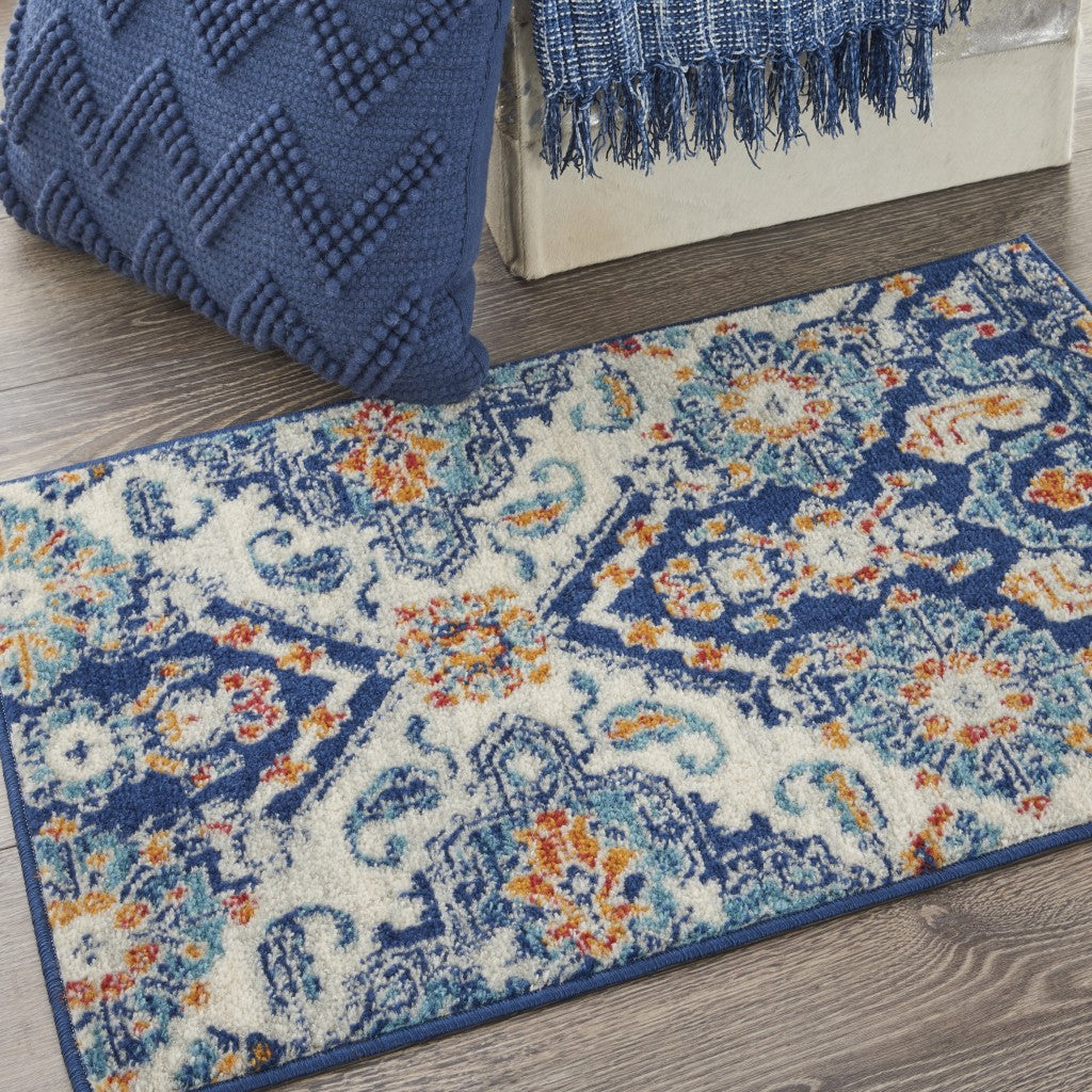 2' X 3' Blue And Ivory Floral Power Loom Area Rug