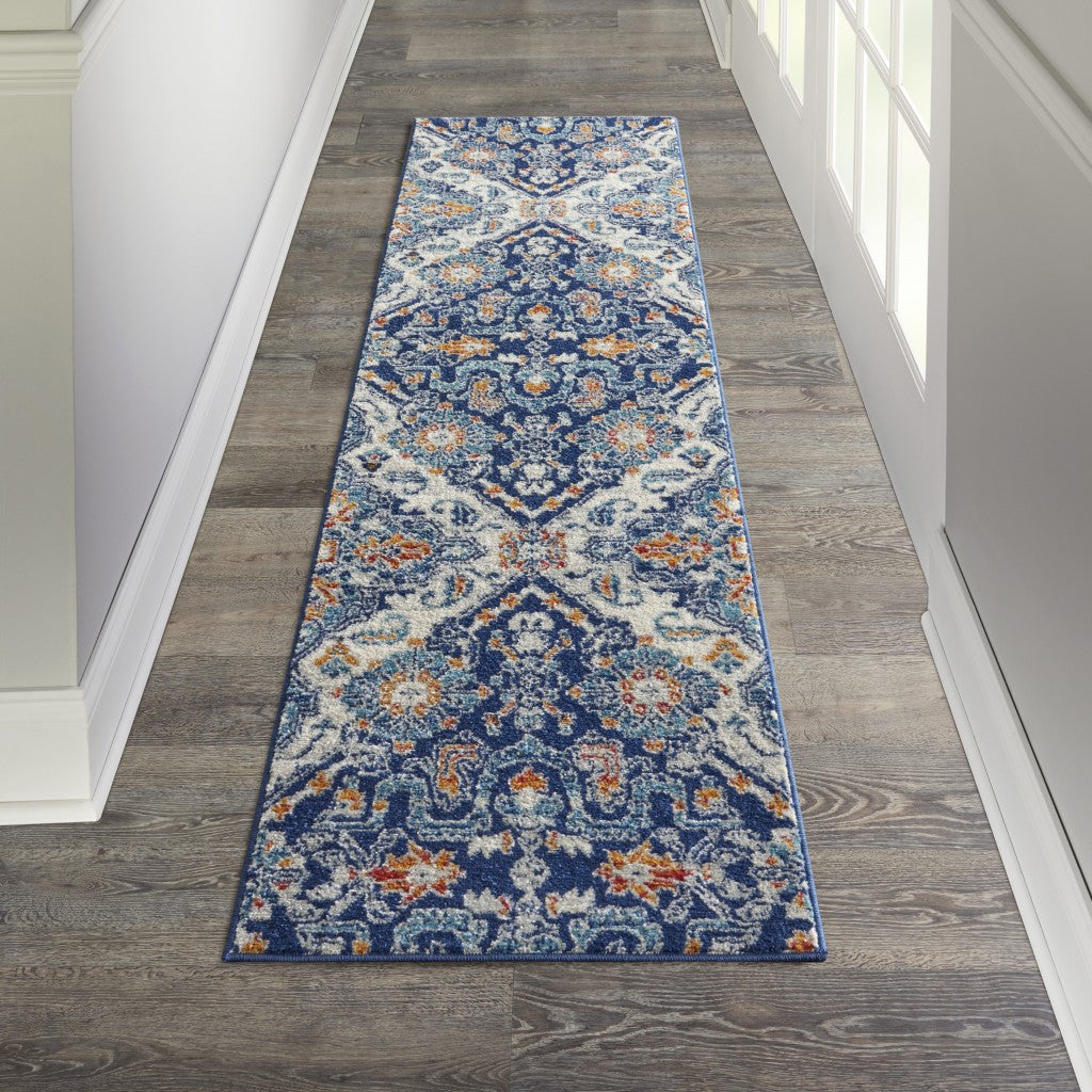 2' X 3' Blue And Ivory Floral Power Loom Area Rug