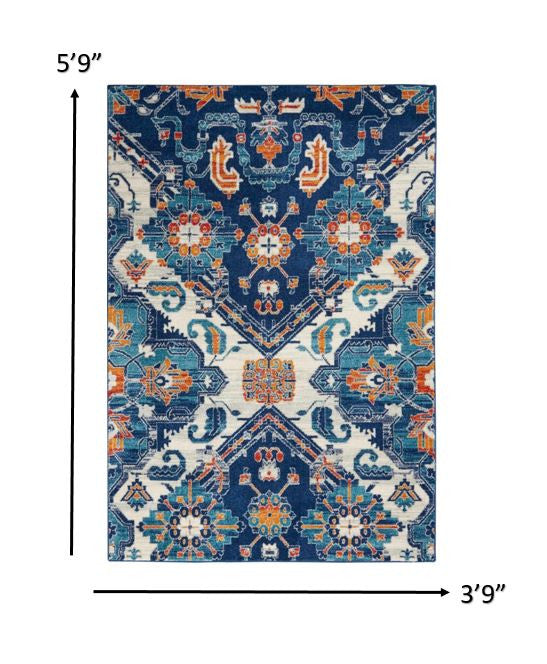 5' X 7' Blue And Ivory Floral Power Loom Area Rug