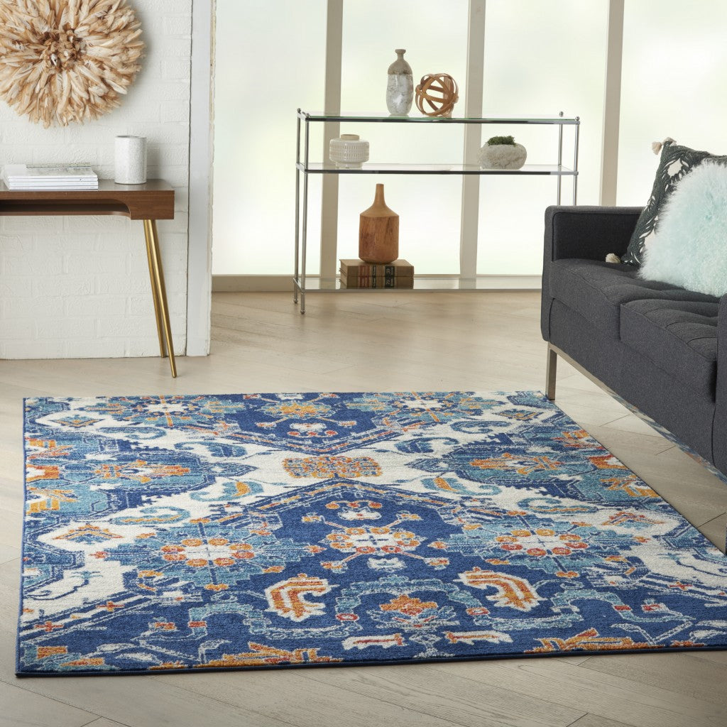 5' X 7' Blue And Ivory Floral Power Loom Area Rug