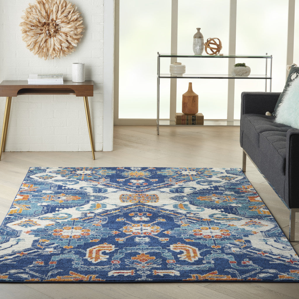 5' X 7' Blue And Ivory Floral Power Loom Area Rug