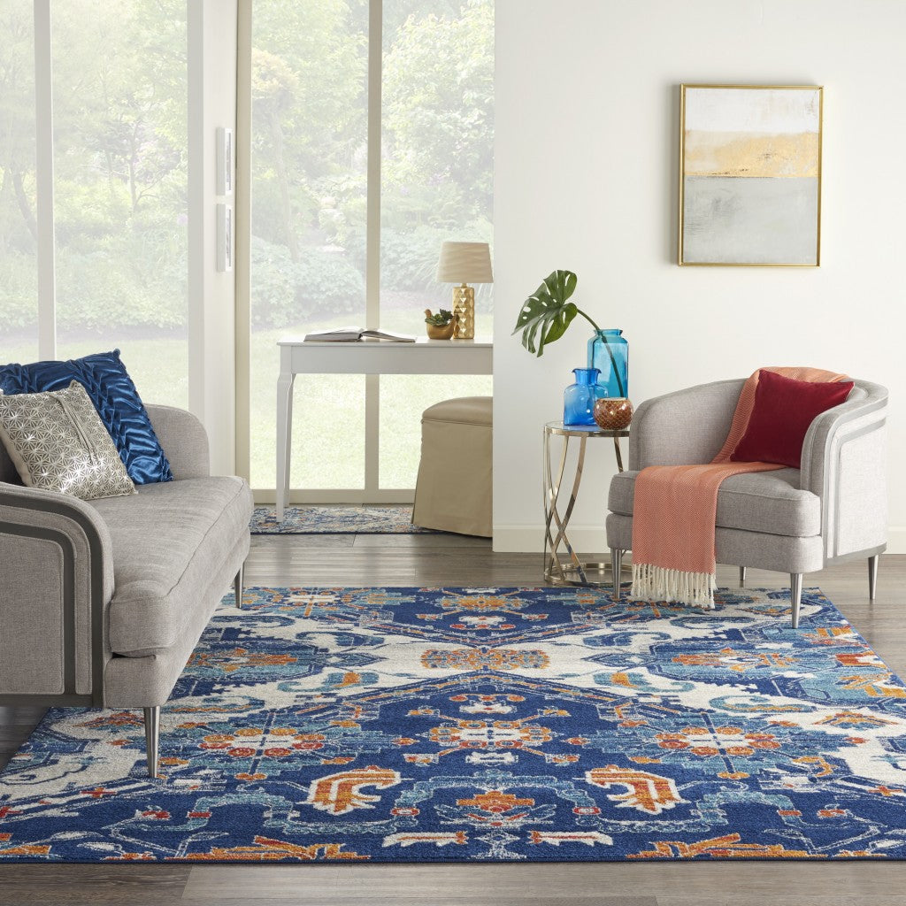 5' X 7' Blue And Ivory Floral Power Loom Area Rug