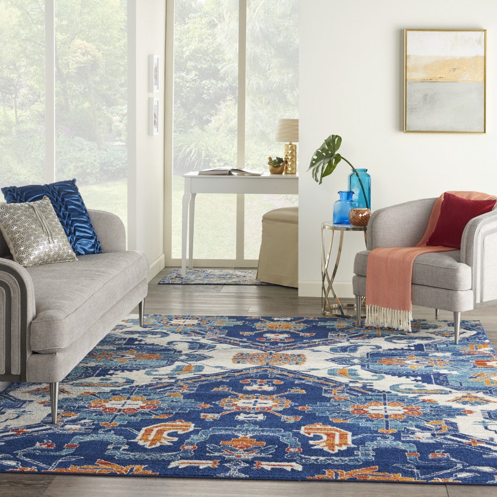 5' X 7' Blue And Ivory Floral Power Loom Area Rug