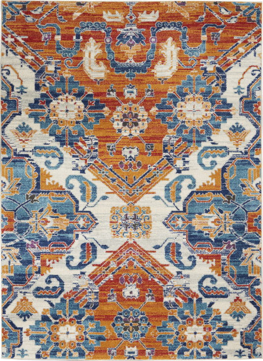 4' X 6' Orange And Ivory Floral Power Loom Area Rug