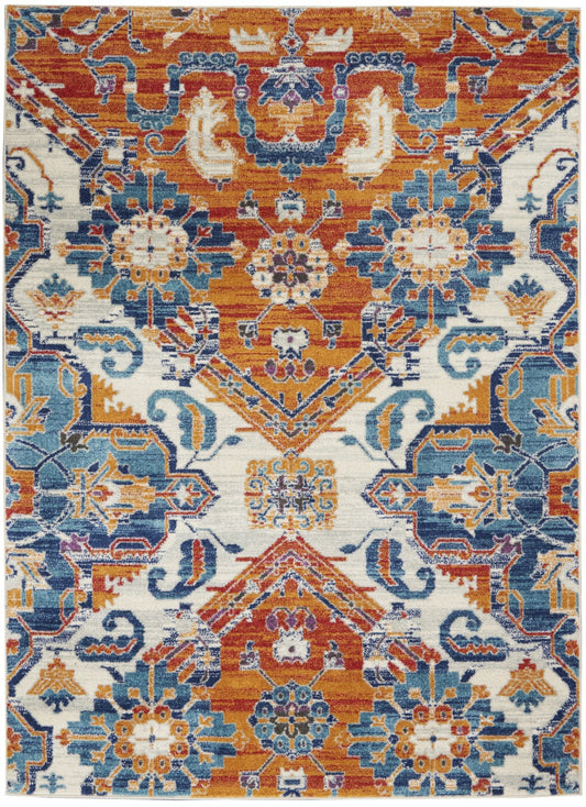 8' X 10' Orange And Ivory Floral Power Loom Area Rug