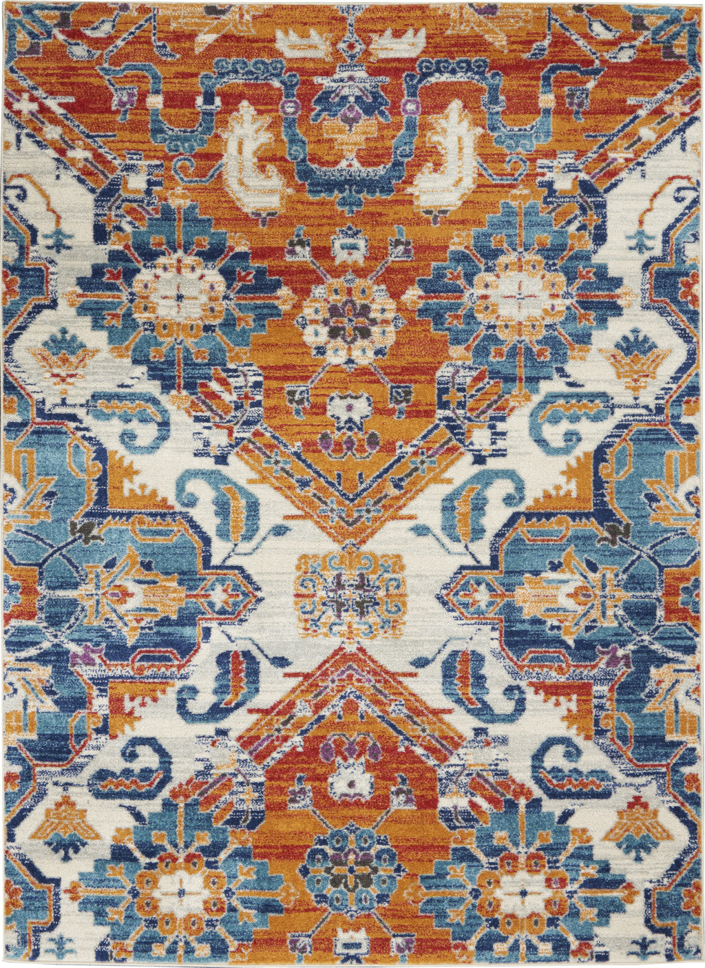 8' X 10' Orange And Ivory Floral Power Loom Area Rug