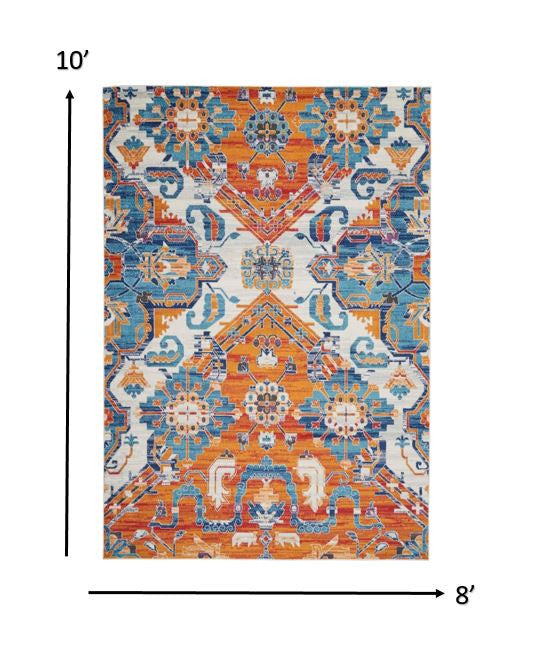 5' X 7' Orange And Ivory Floral Power Loom Area Rug