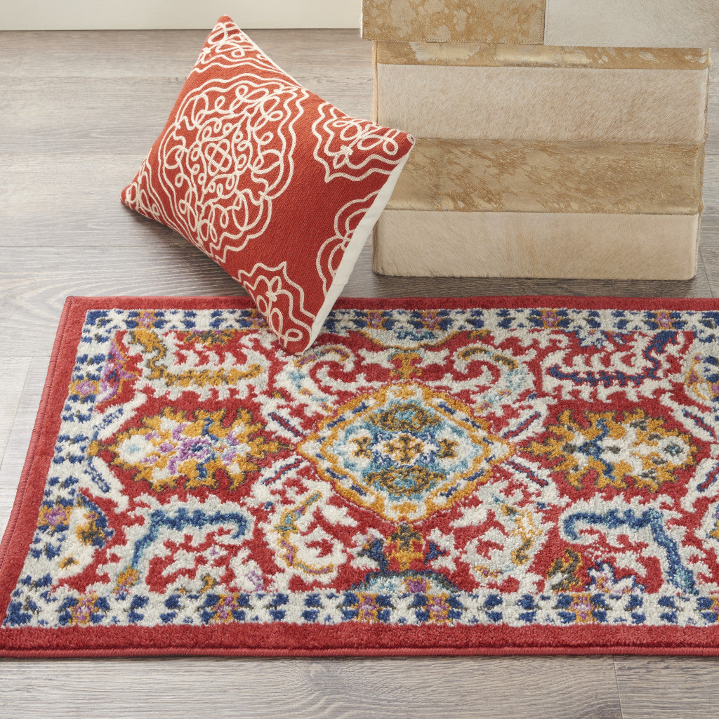 5' X 7' Red And Ivory Damask Power Loom Area Rug