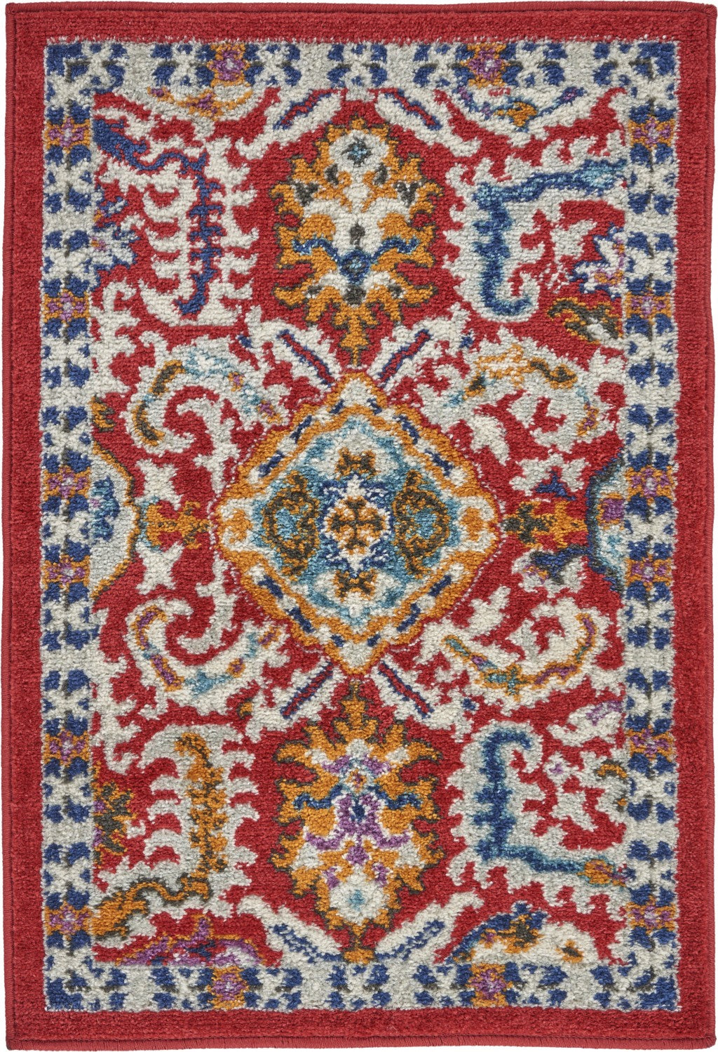 8' X 10' Red And Ivory Damask Power Loom Area Rug