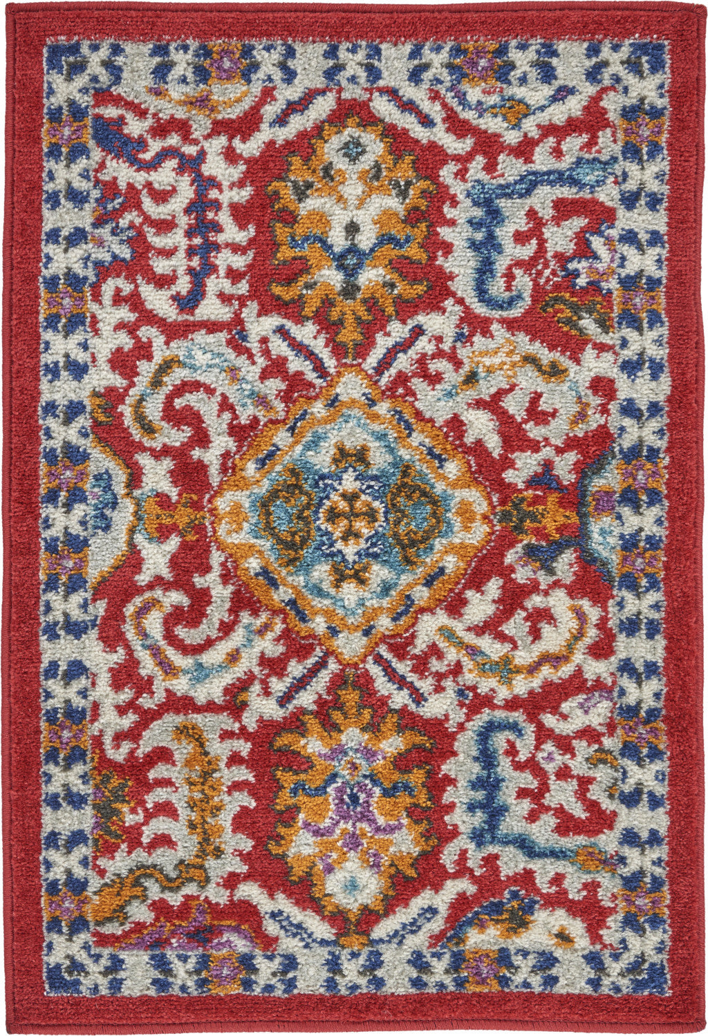 5' X 7' Red And Ivory Damask Power Loom Area Rug