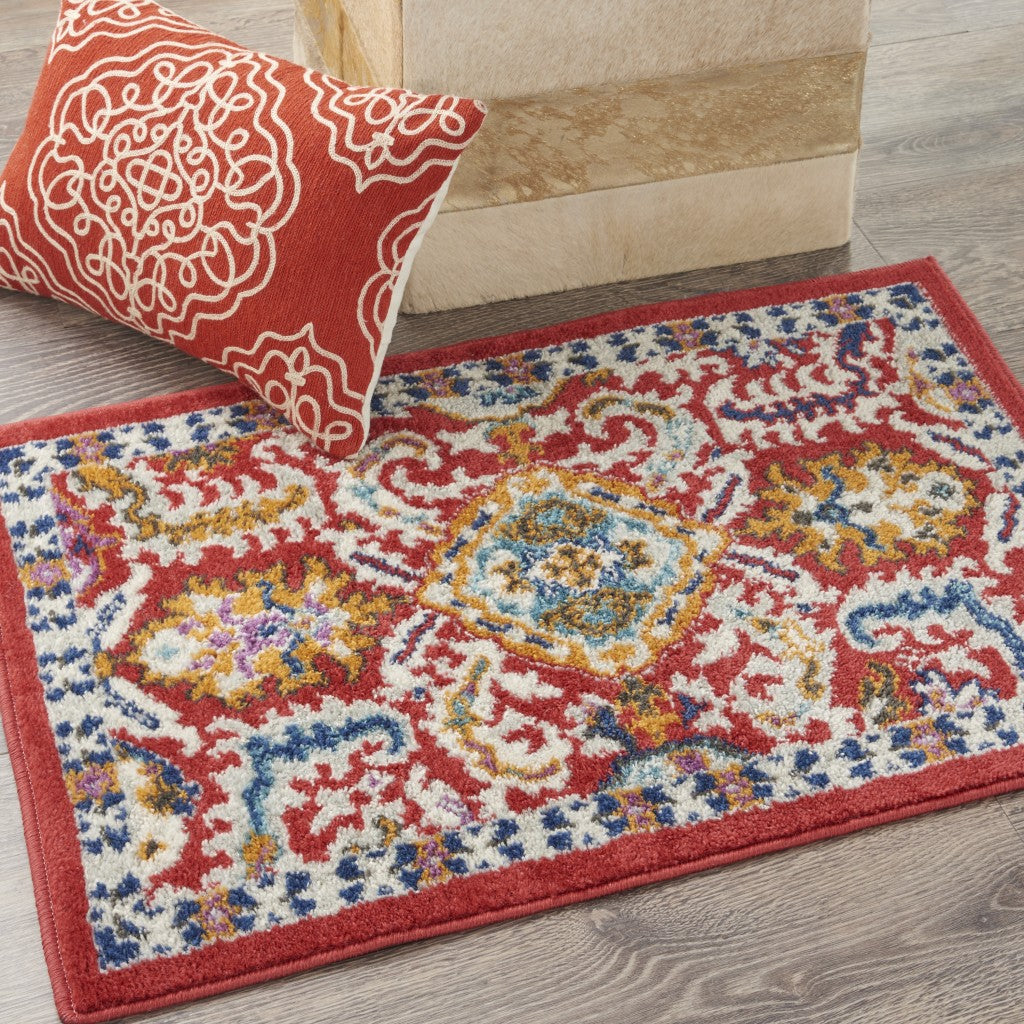 8' X 10' Red And Ivory Damask Power Loom Area Rug