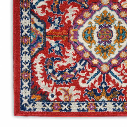 2' X 3' Red And Ivory Damask Power Loom Area Rug