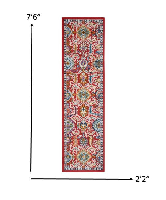 8' X 10' Red And Ivory Damask Power Loom Area Rug