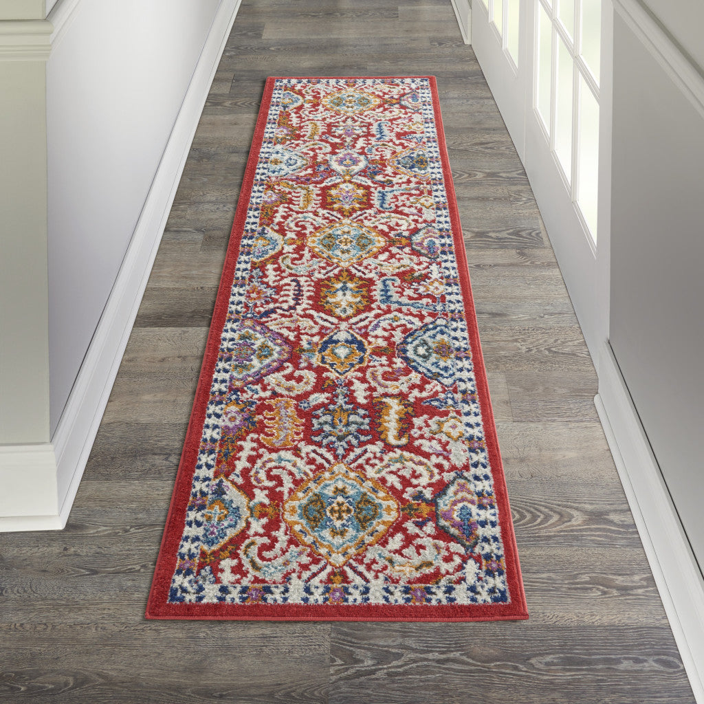 5' X 7' Red And Ivory Damask Power Loom Area Rug