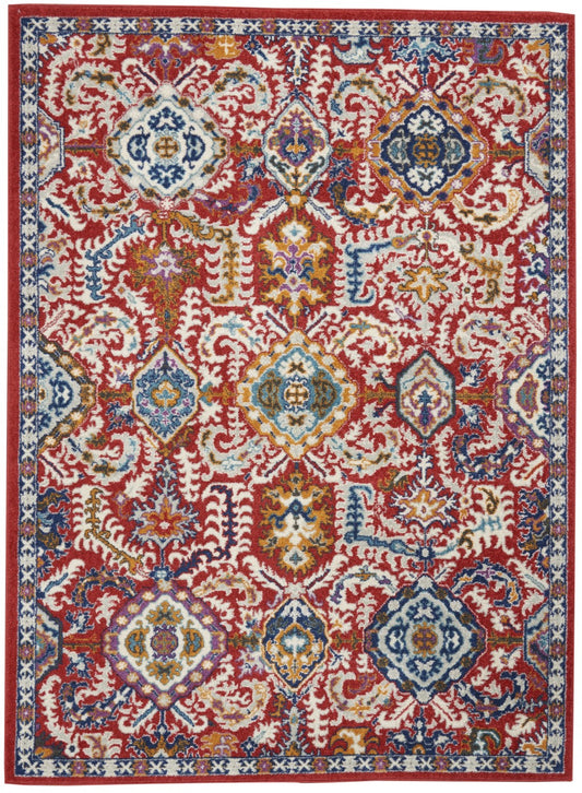 4' X 6' Red And Ivory Damask Power Loom Area Rug