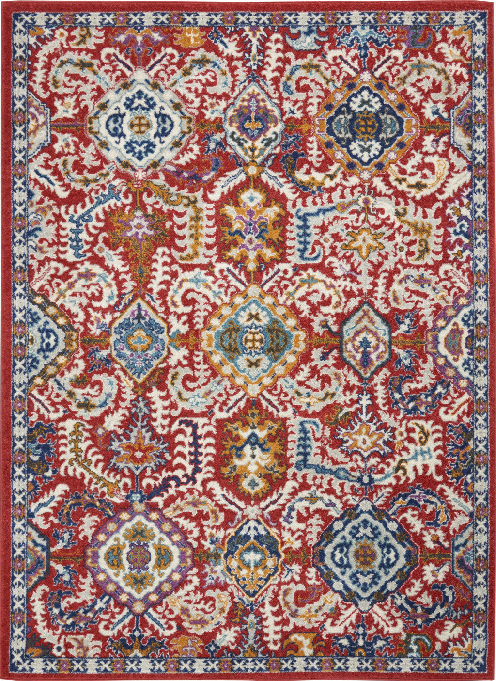 4' X 6' Red And Ivory Damask Power Loom Area Rug