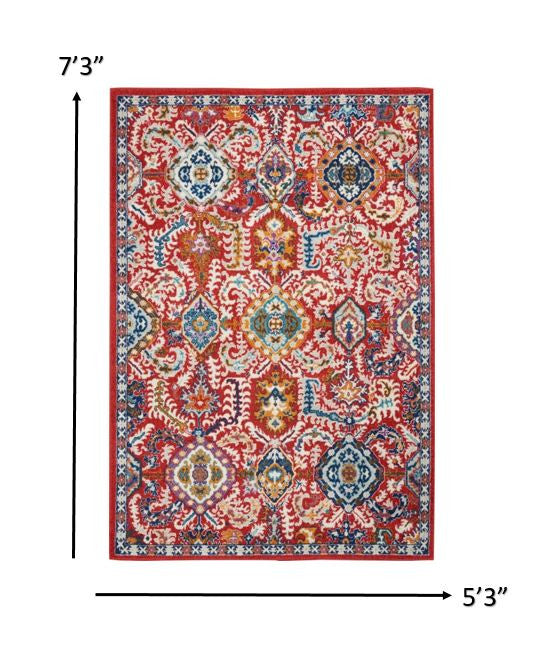 8' X 10' Red And Ivory Damask Power Loom Area Rug