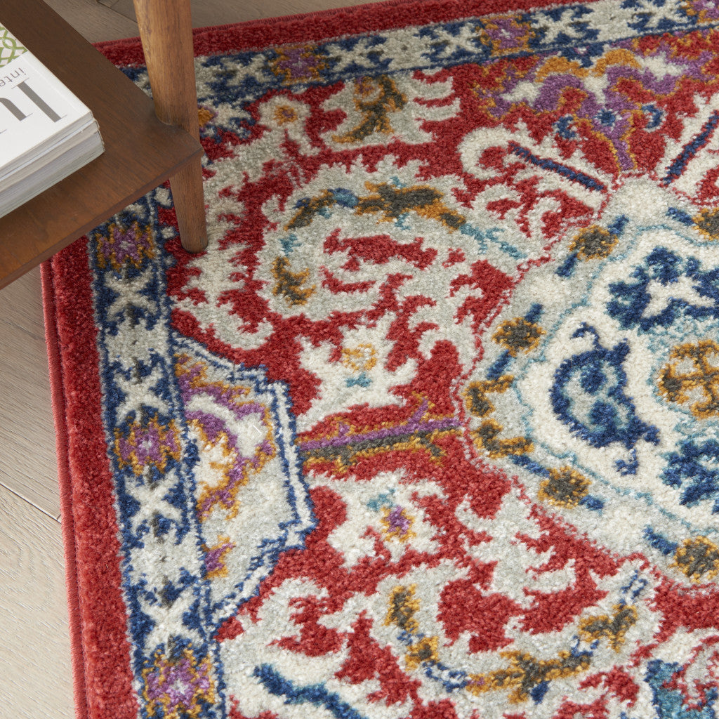 5' X 7' Red And Ivory Damask Power Loom Area Rug