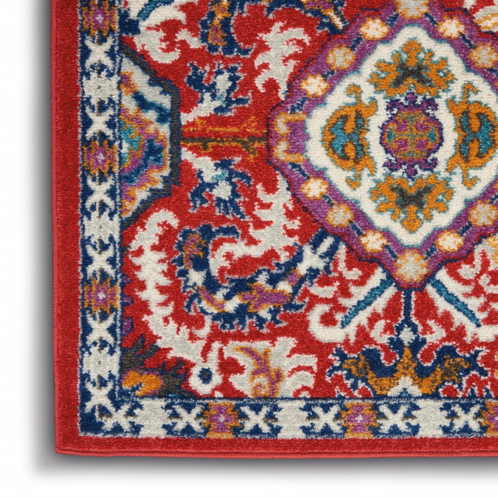 8' X 10' Red And Ivory Damask Power Loom Area Rug