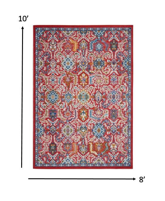 5' X 7' Red And Ivory Damask Power Loom Area Rug