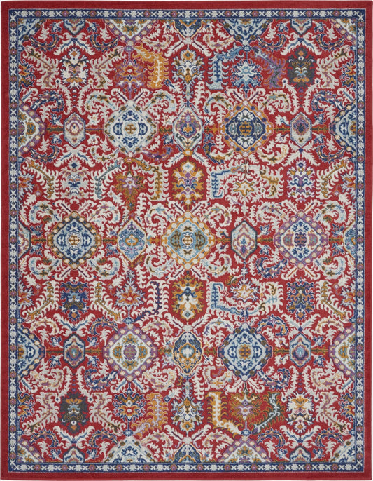 5' X 7' Red And Ivory Damask Power Loom Area Rug