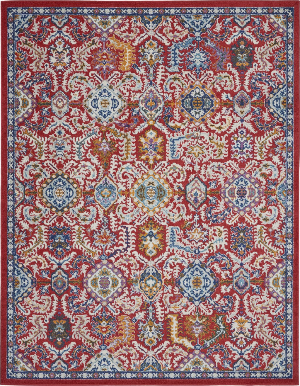 8' X 10' Red And Ivory Damask Power Loom Area Rug