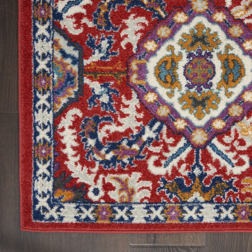 8' X 10' Red And Ivory Damask Power Loom Area Rug