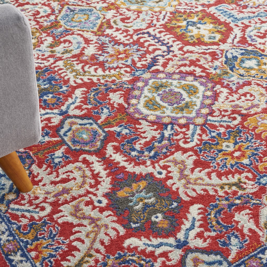 8' X 10' Red And Ivory Damask Power Loom Area Rug