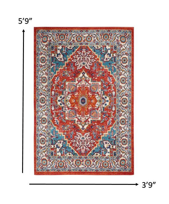 4' X 6' Red And Ivory Power Loom Area Rug