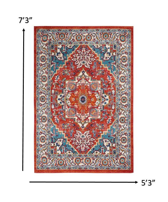 4' X 6' Red And Ivory Power Loom Area Rug