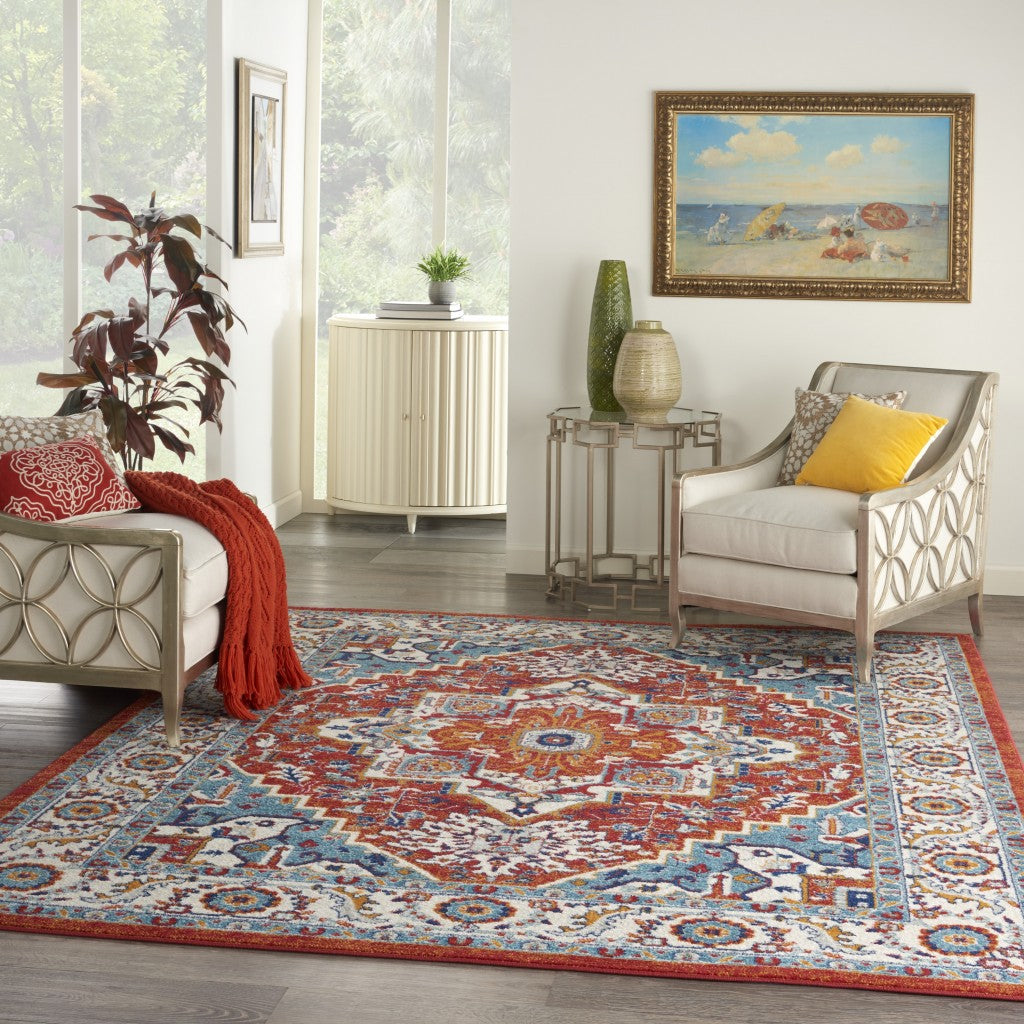 4' X 6' Red And Ivory Power Loom Area Rug