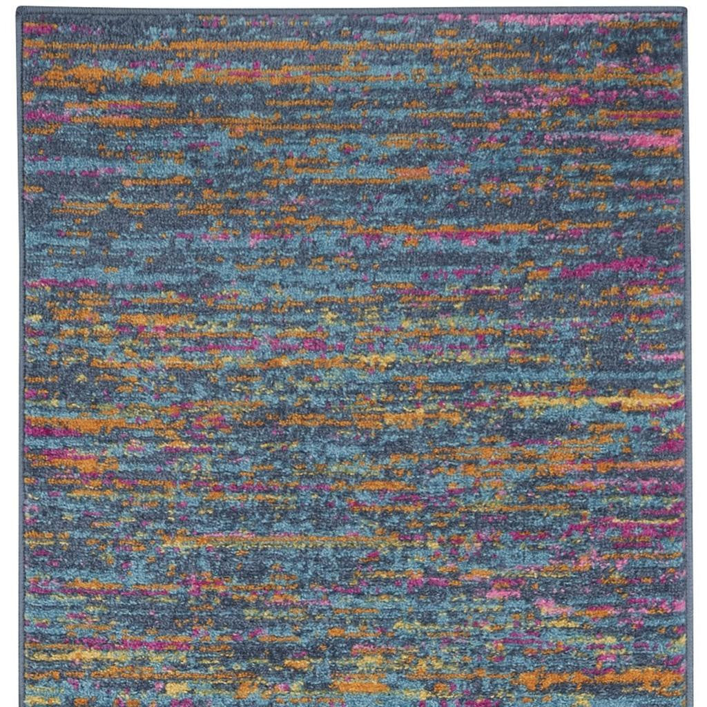 6' Blue And Orange Abstract Distressed Runner Rug
