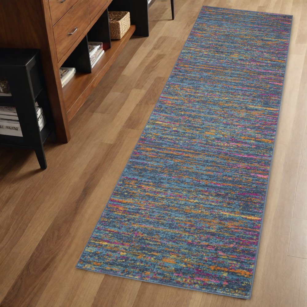 6' Blue And Orange Abstract Distressed Runner Rug