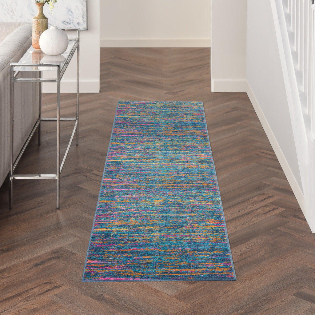 6' Blue And Orange Abstract Distressed Runner Rug