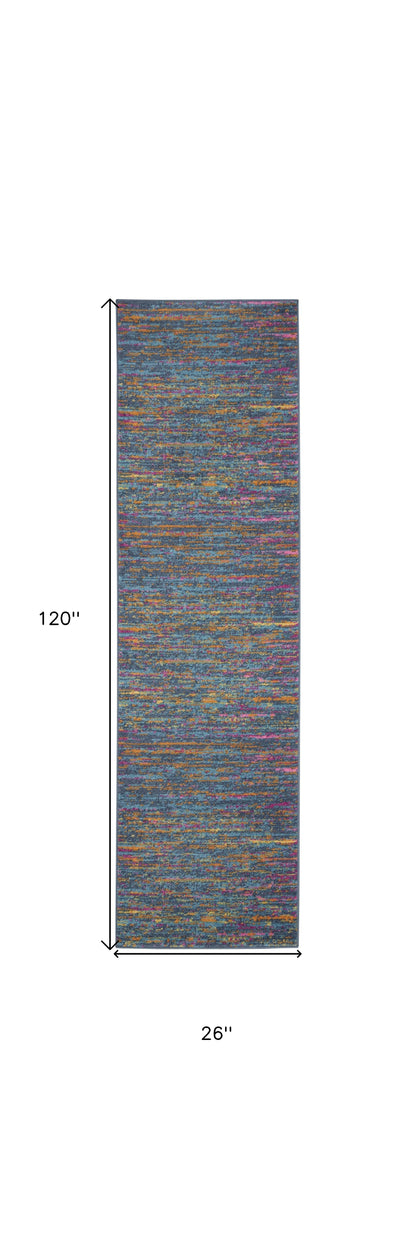 6' Blue And Orange Abstract Distressed Runner Rug