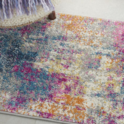 6' Ivory And Blue Abstract Runner Rug