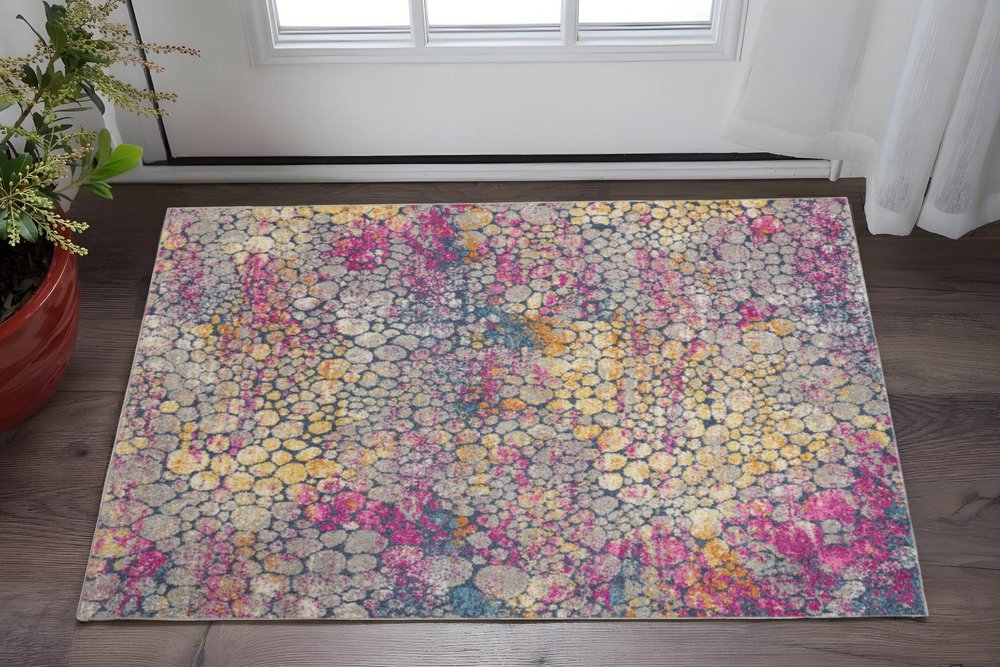 6' Ivory And Blue Abstract Runner Rug