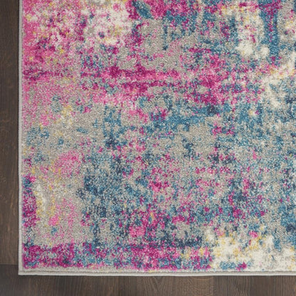 6' Ivory And Blue Abstract Runner Rug