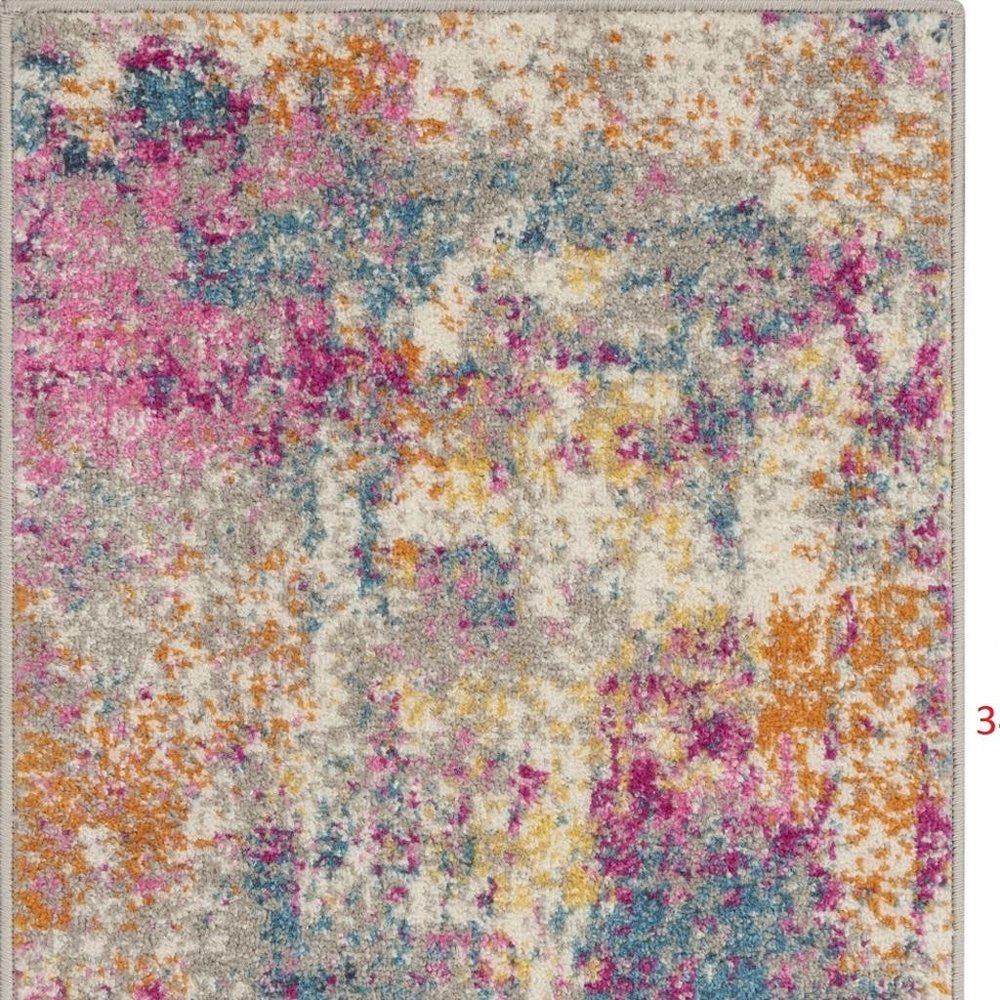 6' Ivory And Blue Abstract Runner Rug