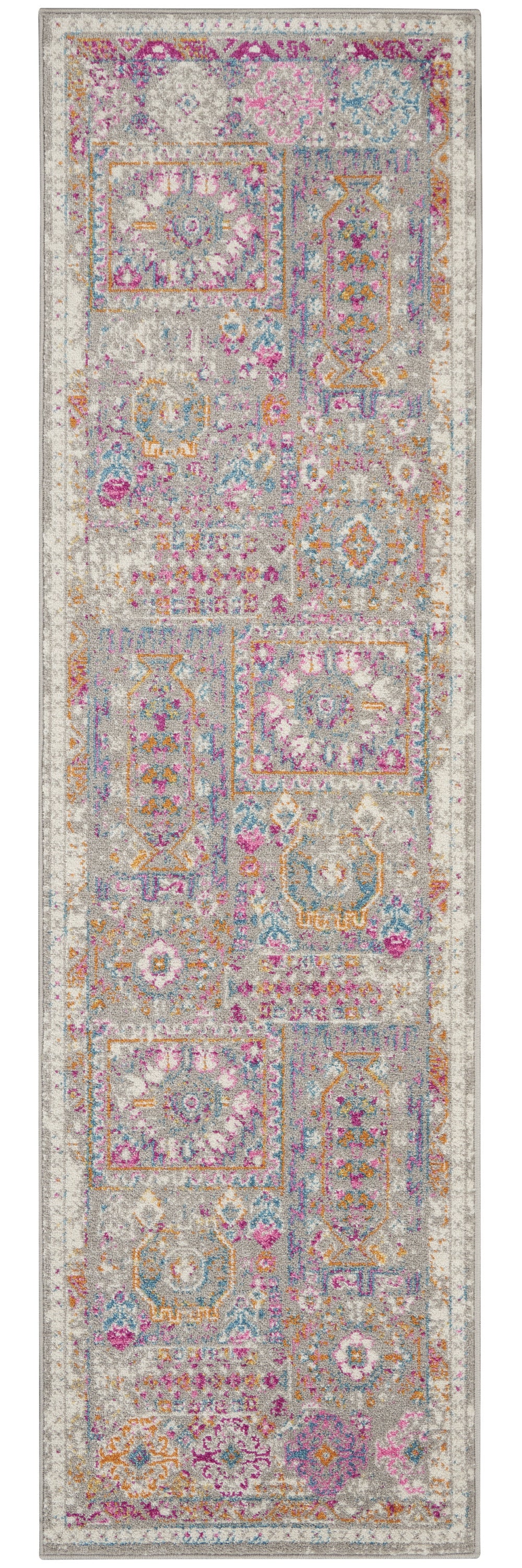 10' Pink And Gray Abstract Power Loom Runner Rug