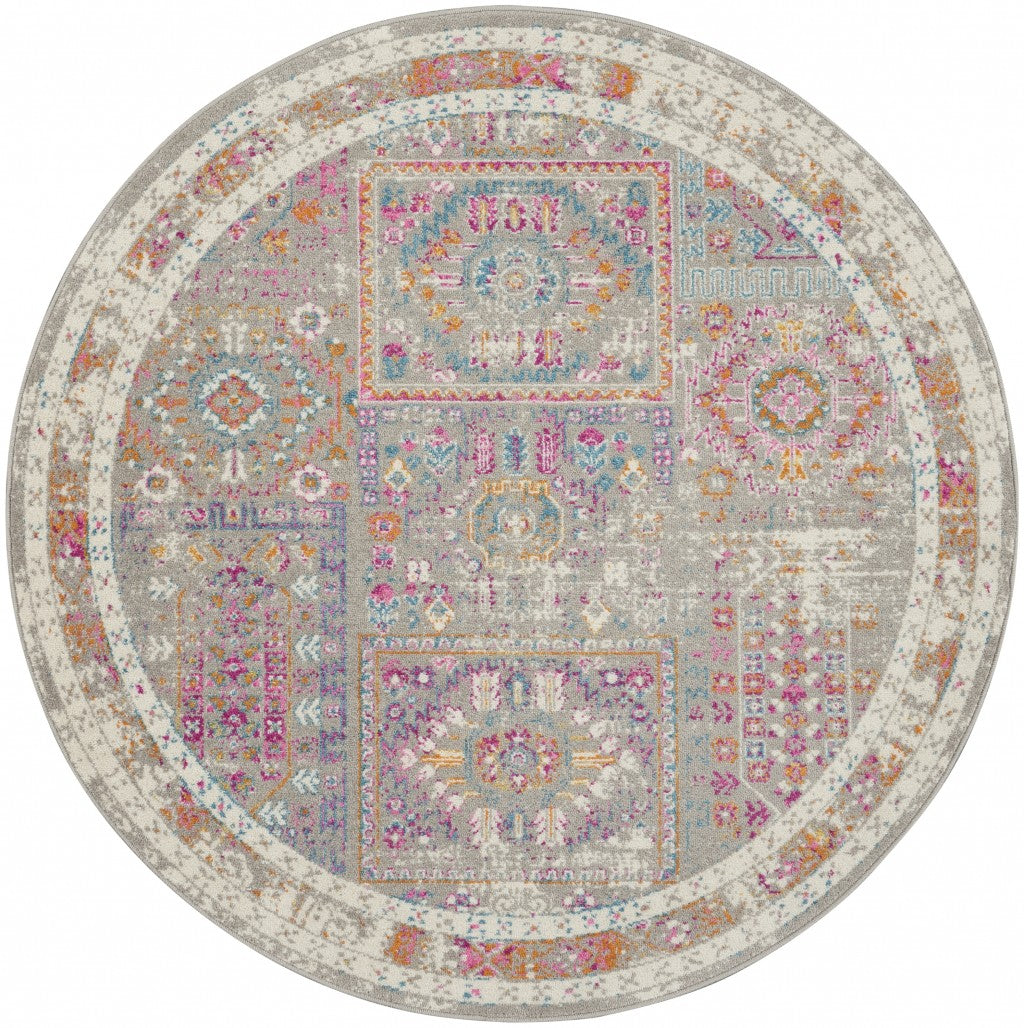 8' Pink And Gray Round Abstract Power Loom Area Rug