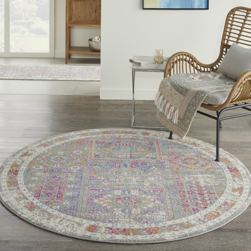 8' Pink And Gray Round Abstract Power Loom Area Rug