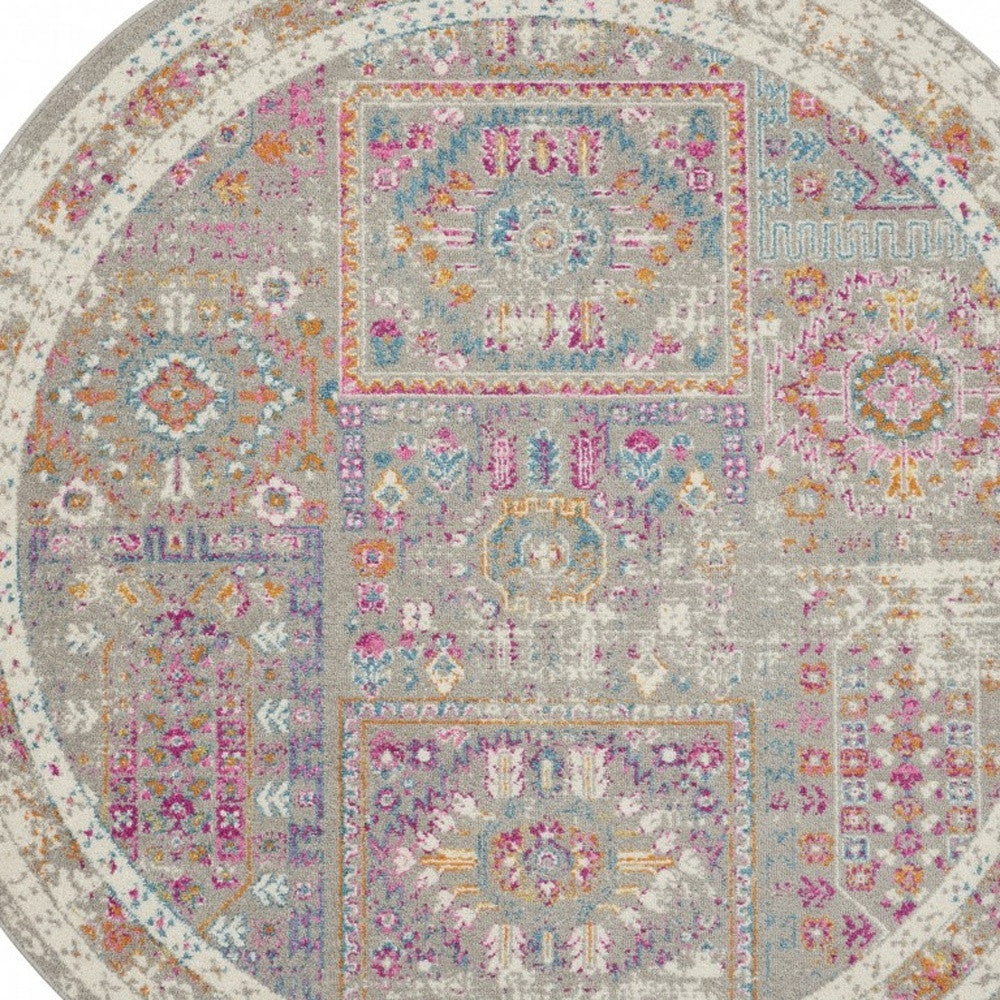 8' Pink And Gray Round Abstract Power Loom Area Rug