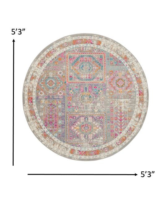 8' Pink And Gray Round Abstract Power Loom Area Rug