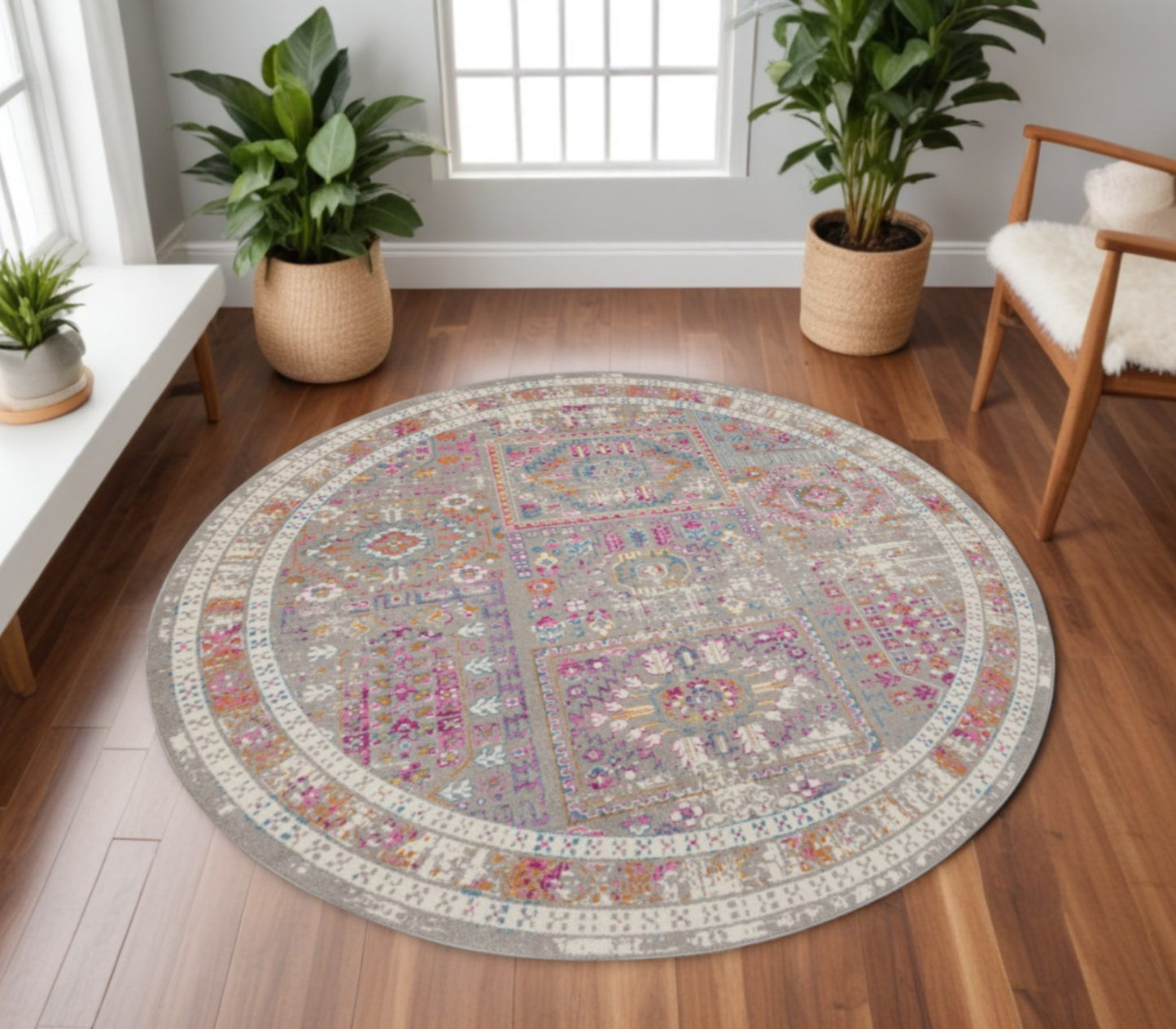 8' Pink And Gray Round Abstract Power Loom Area Rug