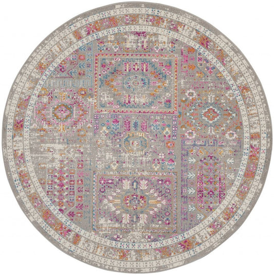 8' Gray And Ivory Abstract Distressed Round Rug