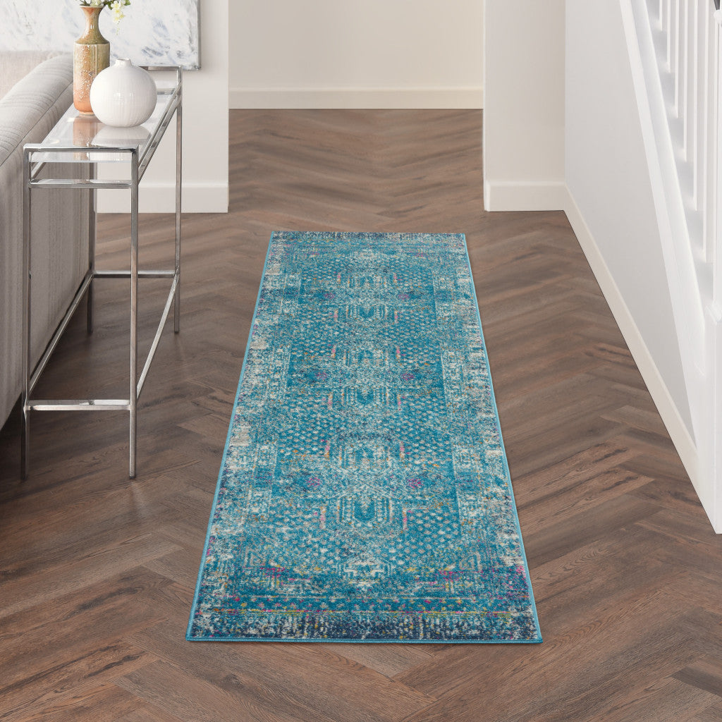 5' X 7' Blue And Ivory Southwestern Distressed Area Rug