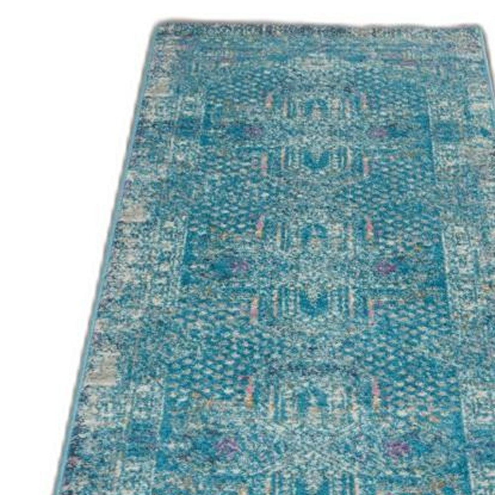 5' X 7' Blue And Ivory Southwestern Distressed Area Rug