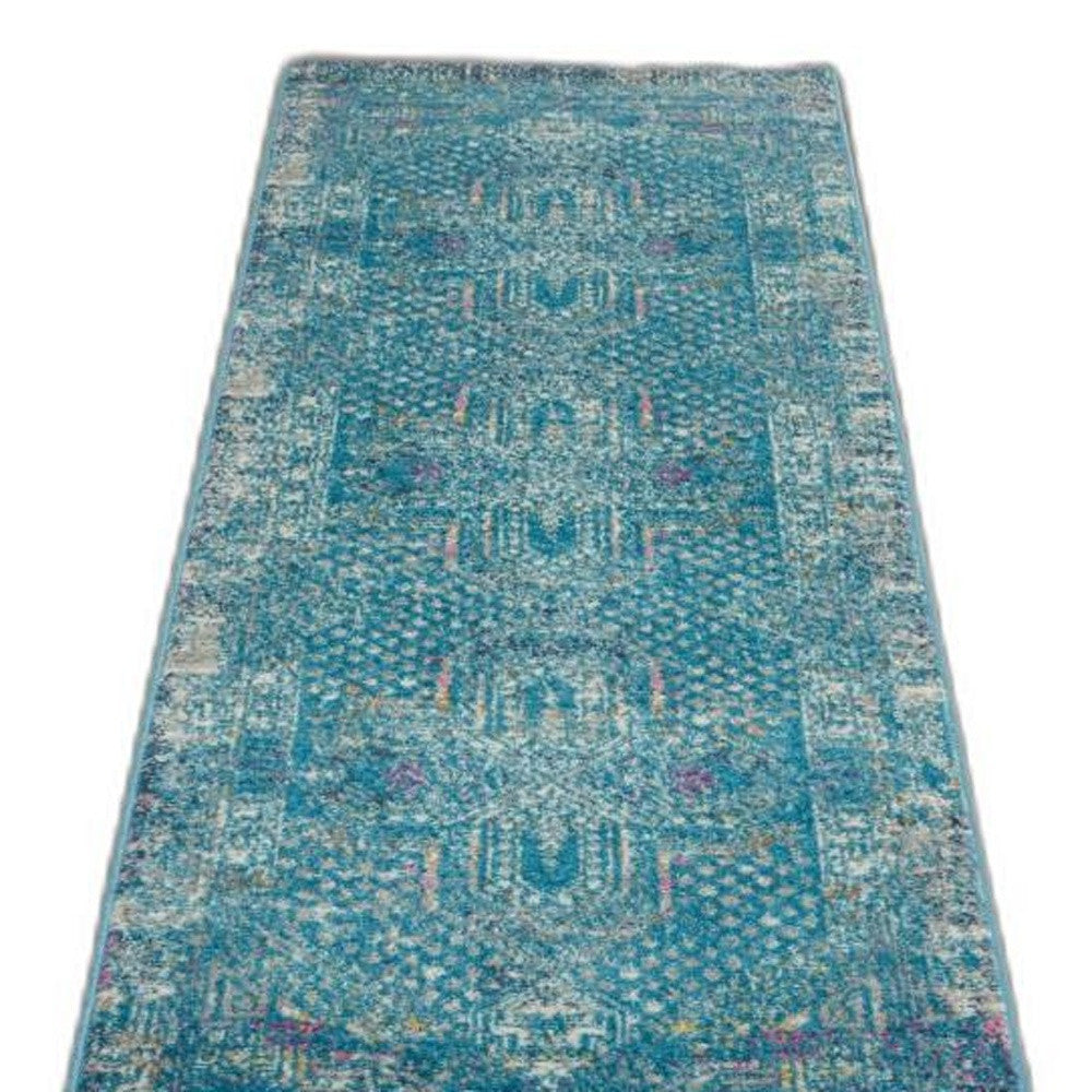 5' X 7' Blue And Ivory Southwestern Distressed Area Rug